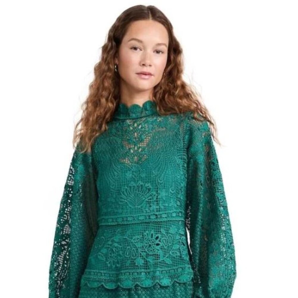 Farm Rio Dark Green Guipure Lace Long Sleeve Maxi Dress